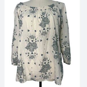Patagonia  Floral Cotton Peasant Top Cream Blue Boho Tunic Blouse Size S EUC